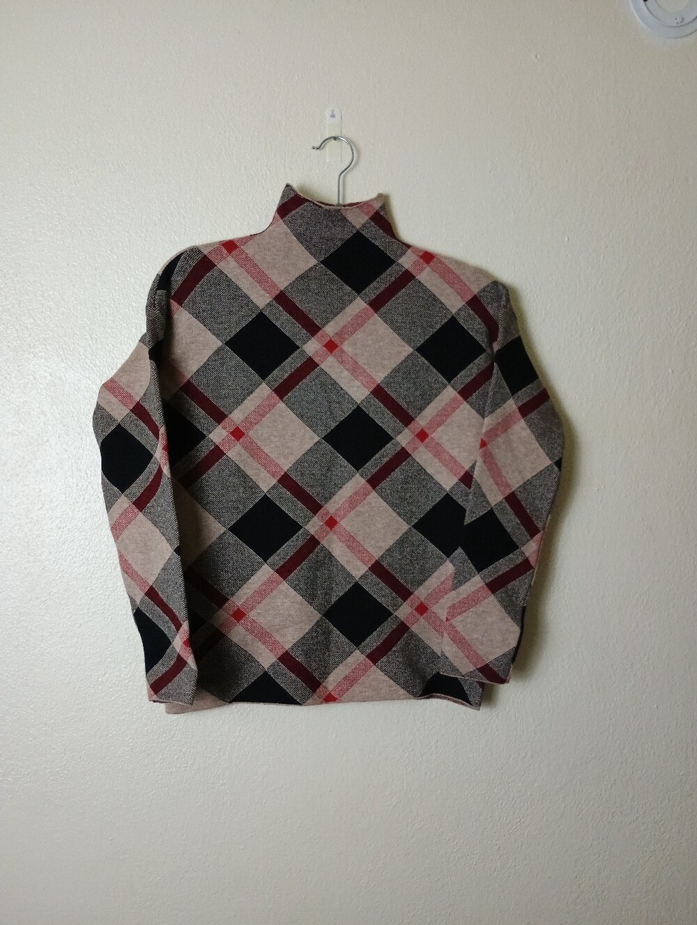 Rachel Zoe XS Plaid Jacquard Mock Neck Sweater in Beige, Black & Burgundy